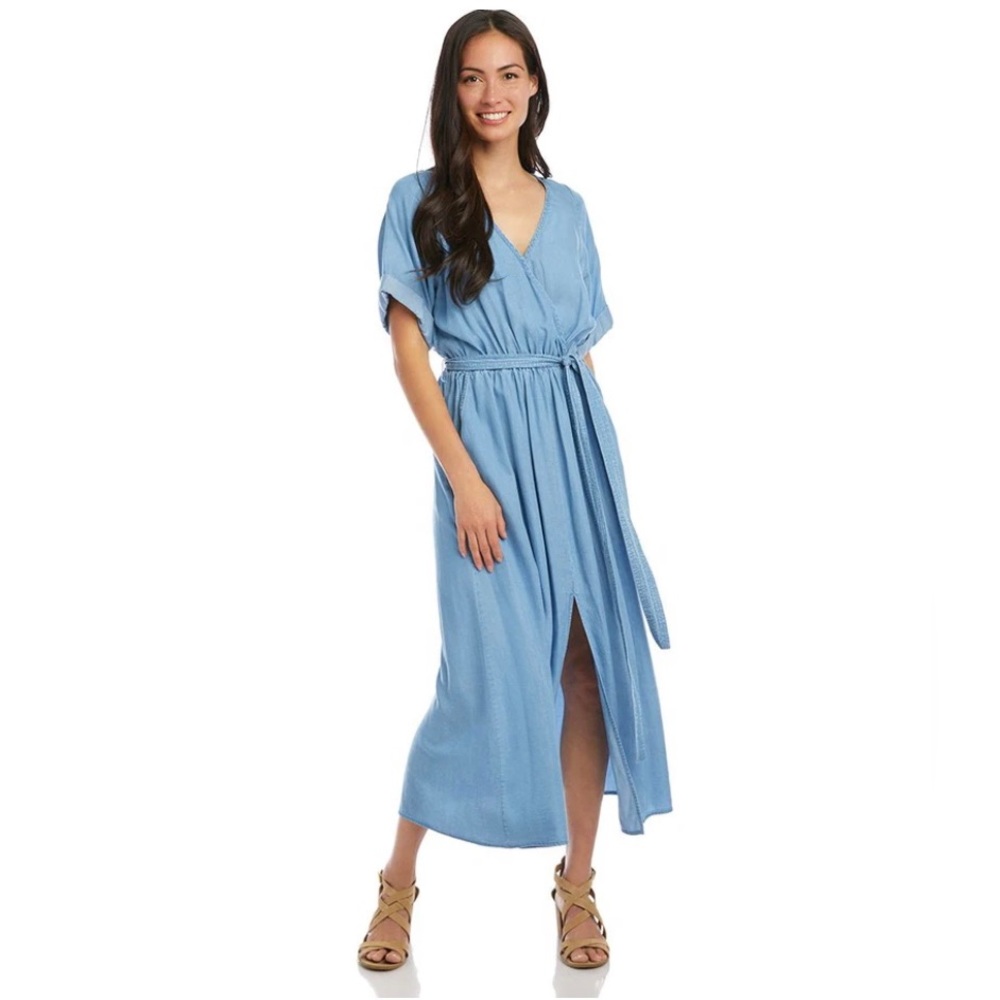 Karen Kane Chambray Cuffed Maxi Dress with Slit, Size Medium